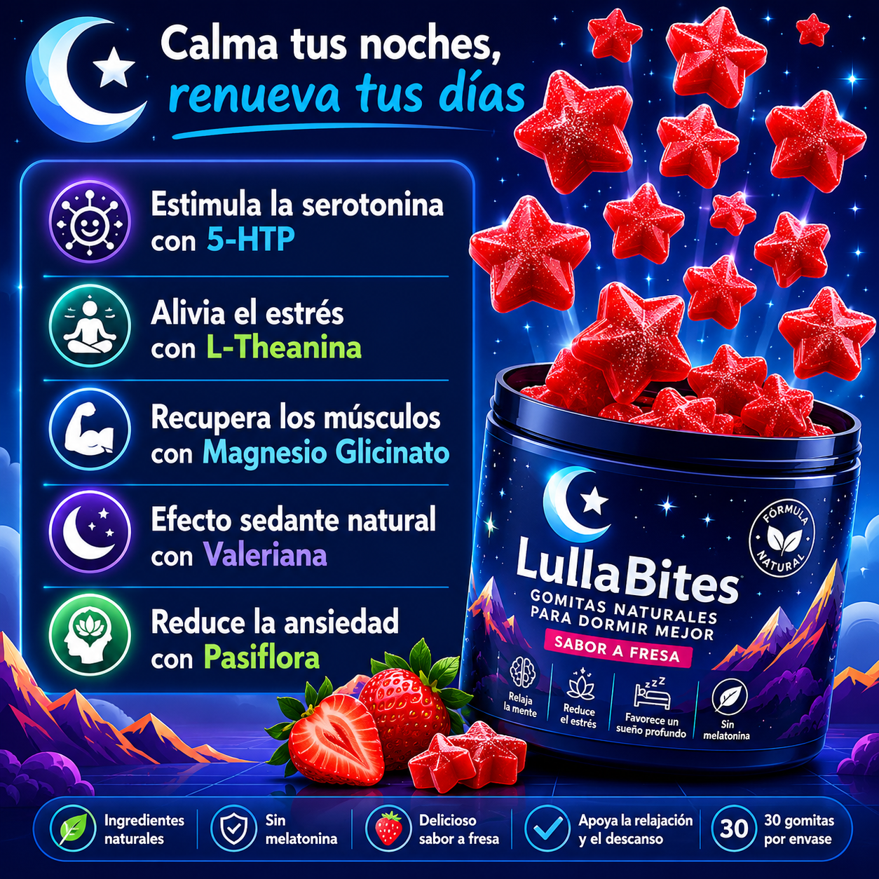 LullaBites Sleep Gummies, Gomitas Naturales para Dormir Sin Melatonina
